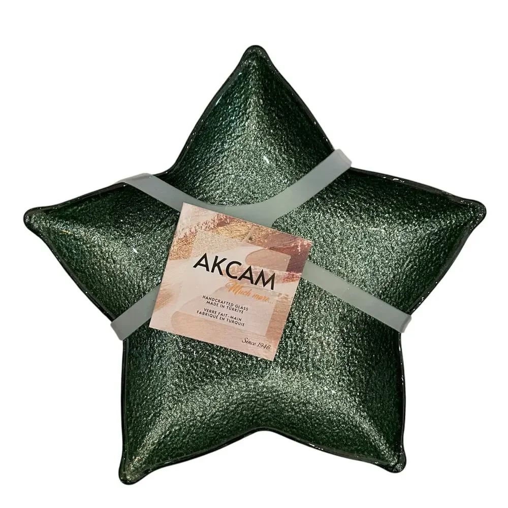 Akcam Green Glitter Star Shaped Glass Christmas Appetizer Plates 7